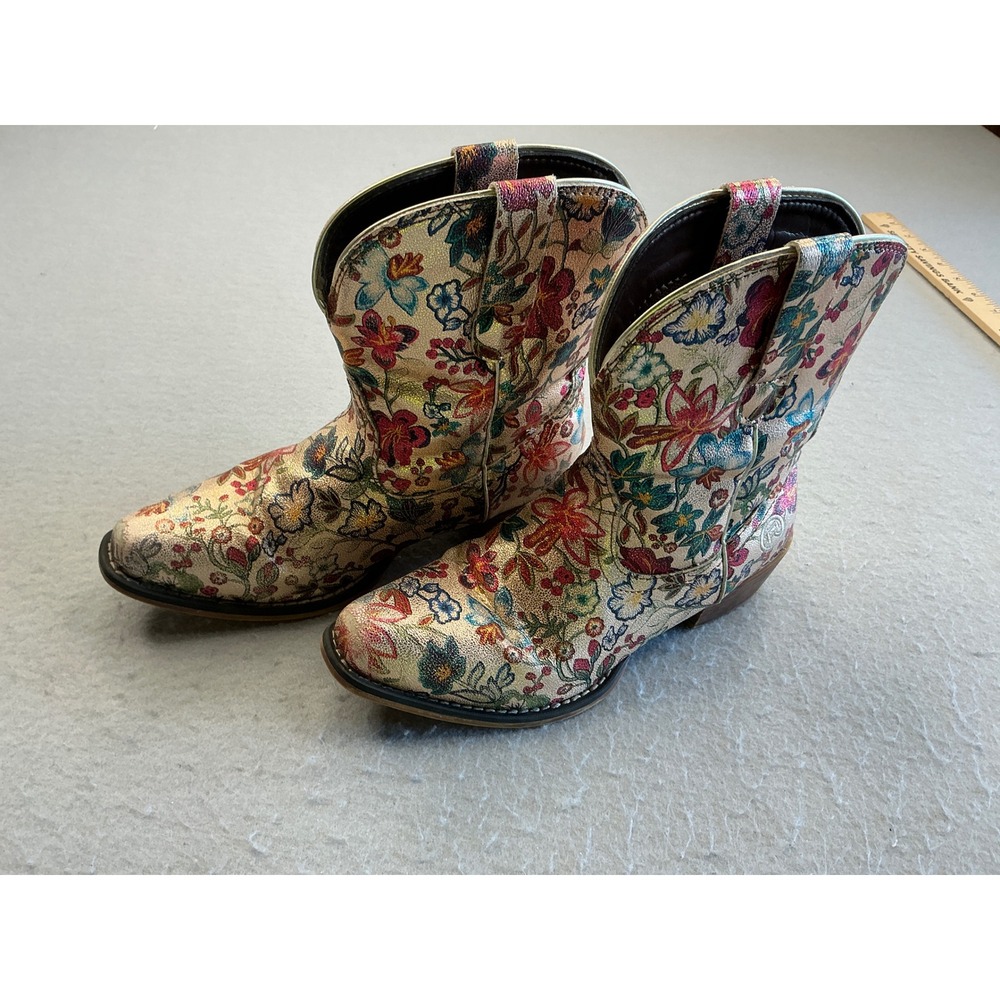 Roper Metallic Gold Floral Western Cowboy Boots 6 Snip Toe Ankle Booties READ - Picture 2 of 15